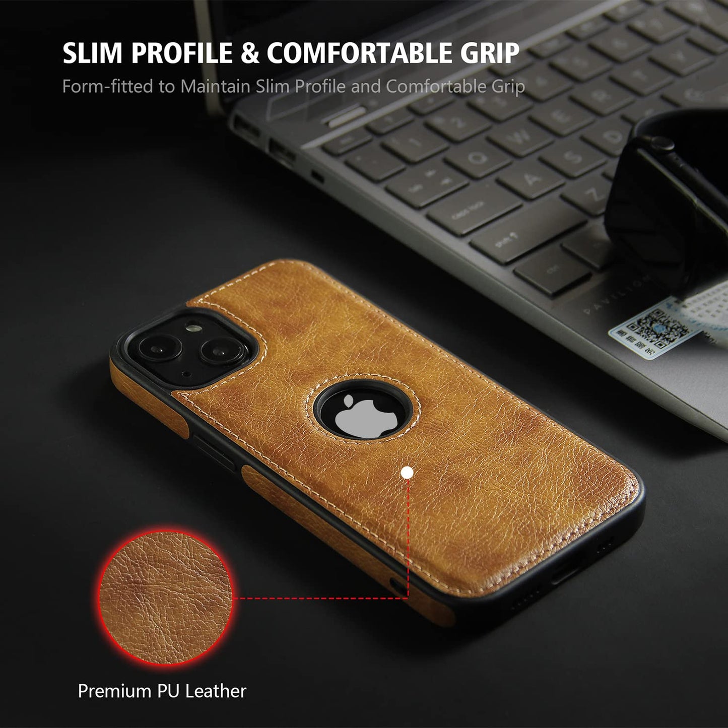 Pikkme iPhone 14 Leather Back Case Brown