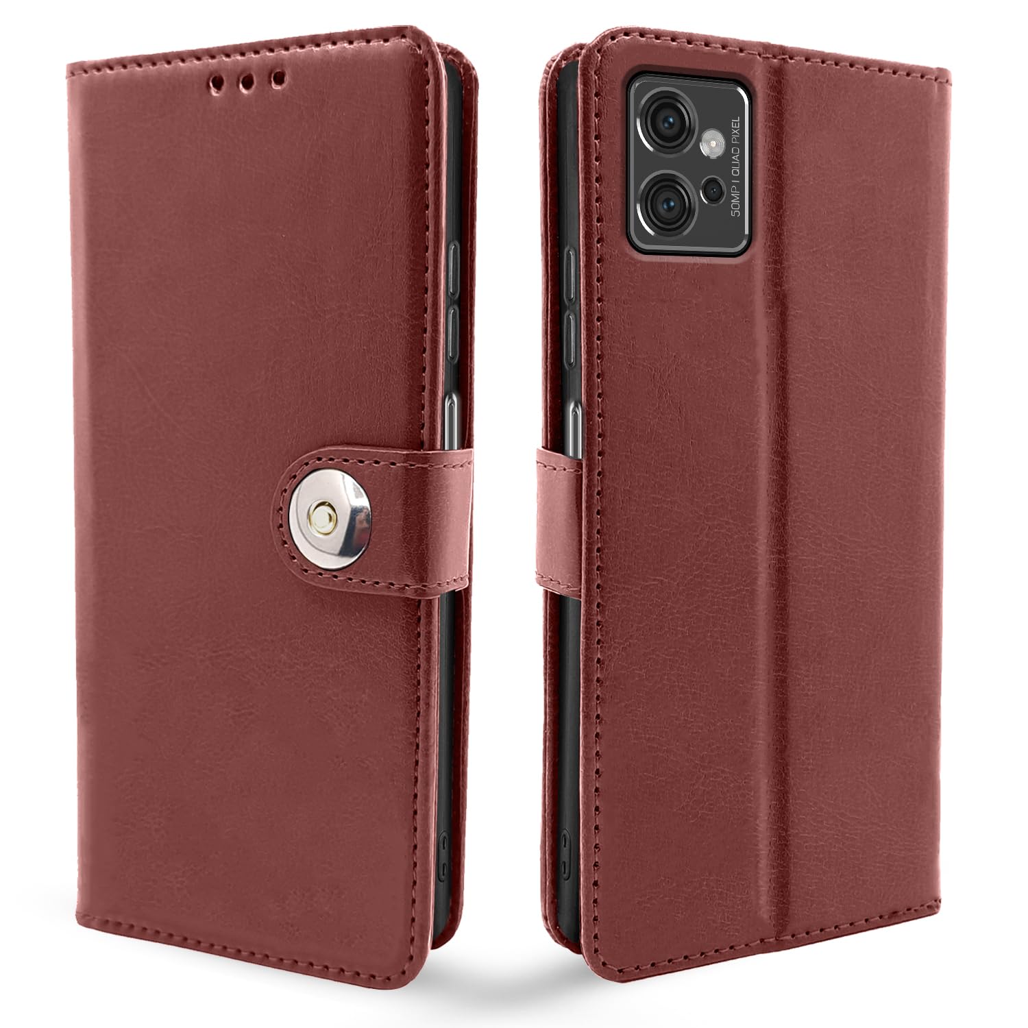 Pikkme Moto G32 Button Flip Cover (Brown)