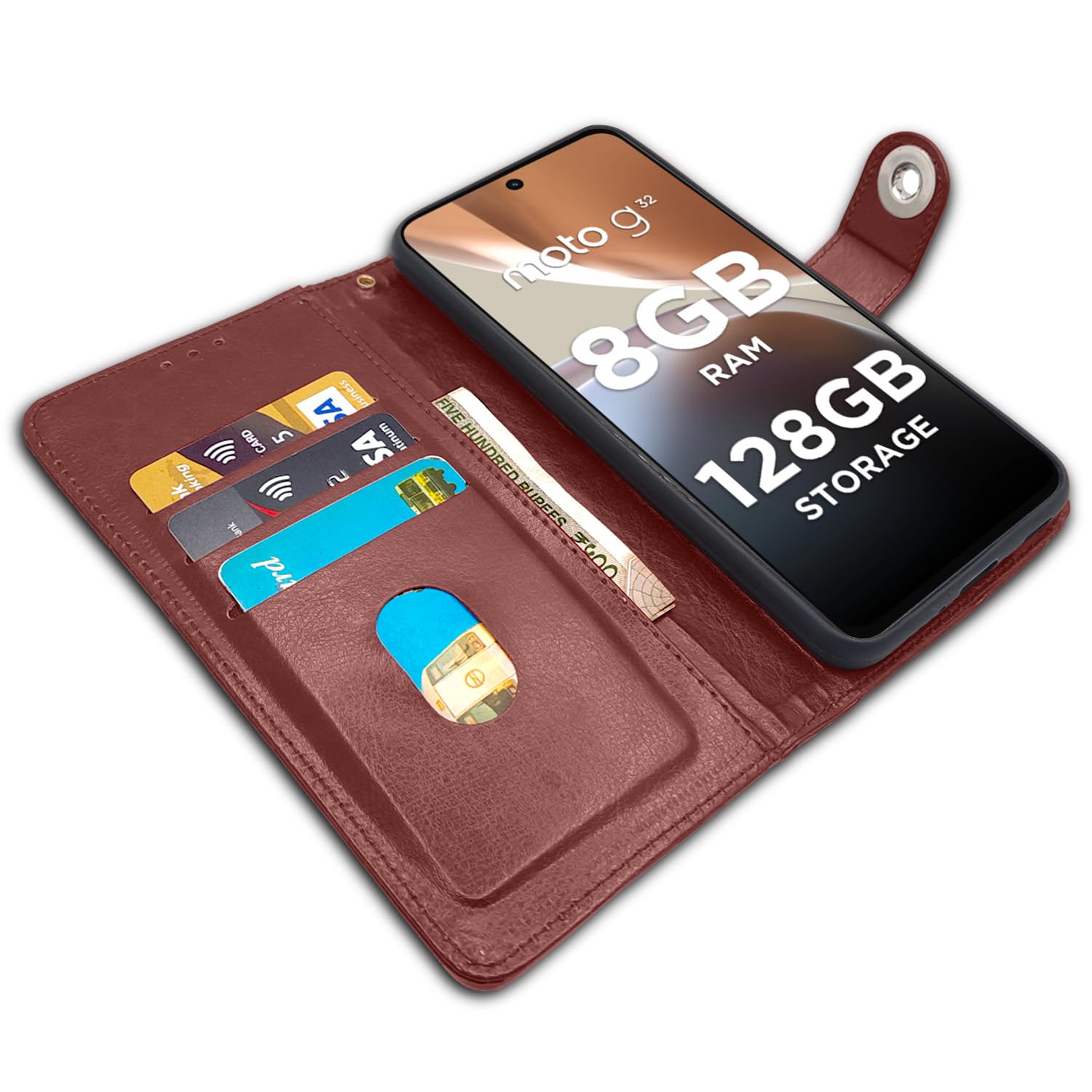 Pikkme Moto G32 Button Flip Cover (Brown)