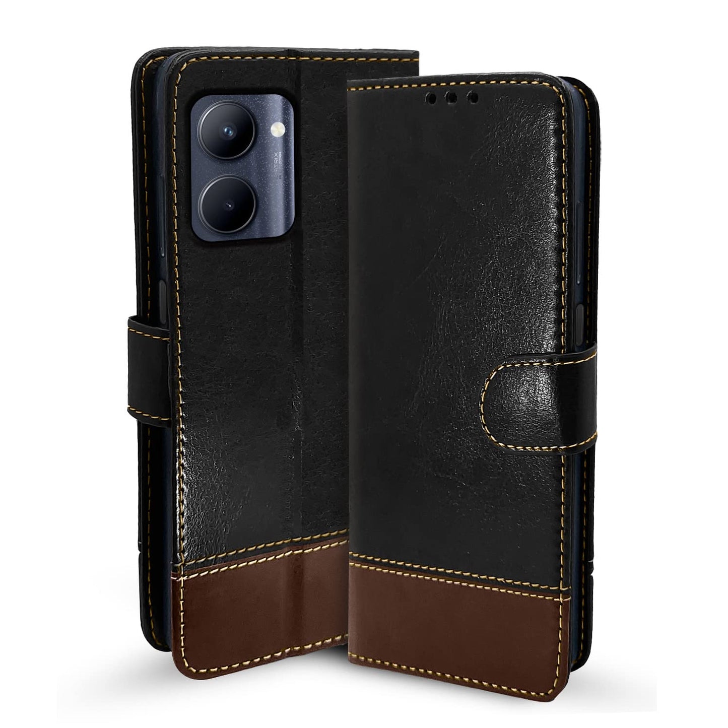 Pikkme Realme C33 Constrast Flip Cover | Black & Brown