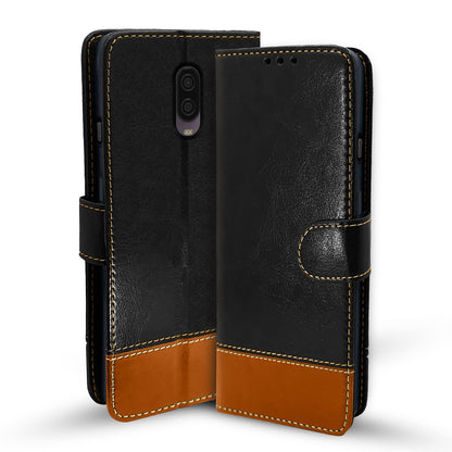 Pikkme OnePlus 6T Constrast Flip Cover | Black & Brown