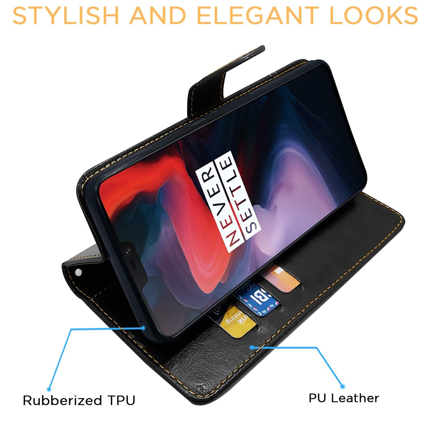 Pikkme OnePlus 6  Constrast Flip Cover |  Black & Brown