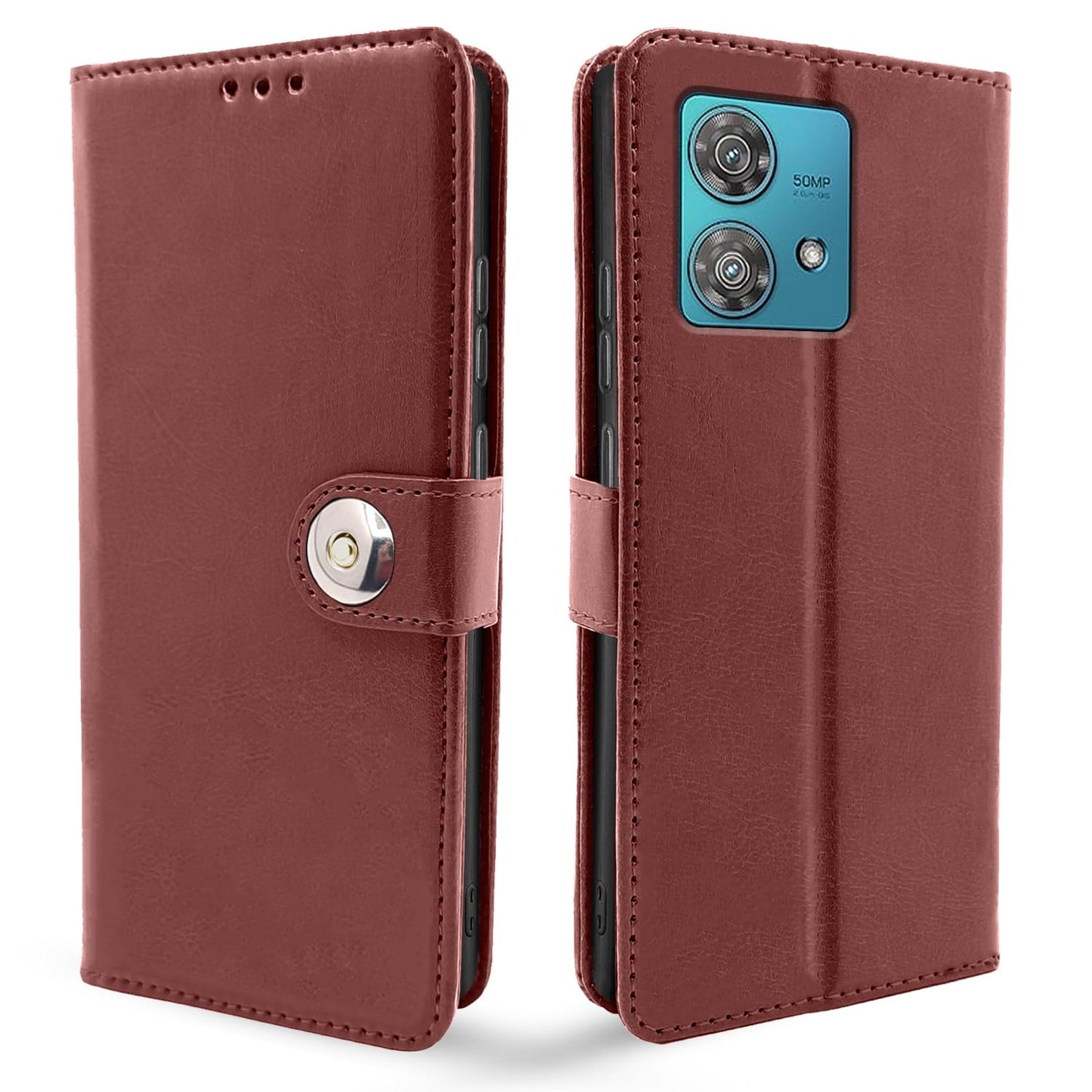 Pikkme Moto Edge 40 Neo 5G Button Flip Cover (Brown)