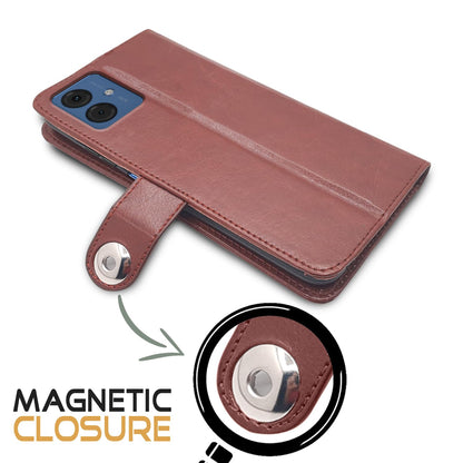 Pikkme Moto G14 Button Flip Cover (Brown)