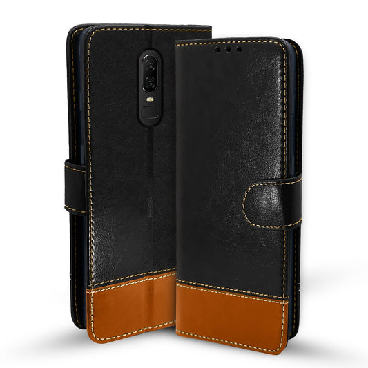 Pikkme OnePlus 6  Constrast Flip Cover |  Black & Brown