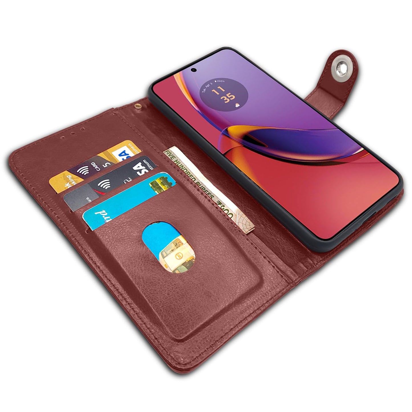 Pikkme Moto G84 5G Button Flip Cover (Brown)