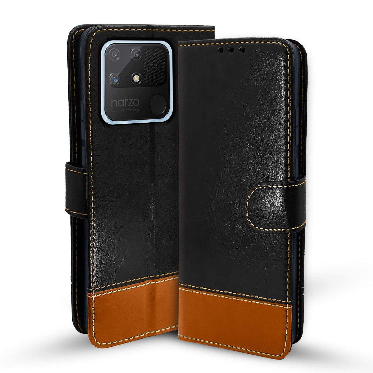 Pikkme Realme Narzo 50A Constrast Flip Cover | Black & Brown