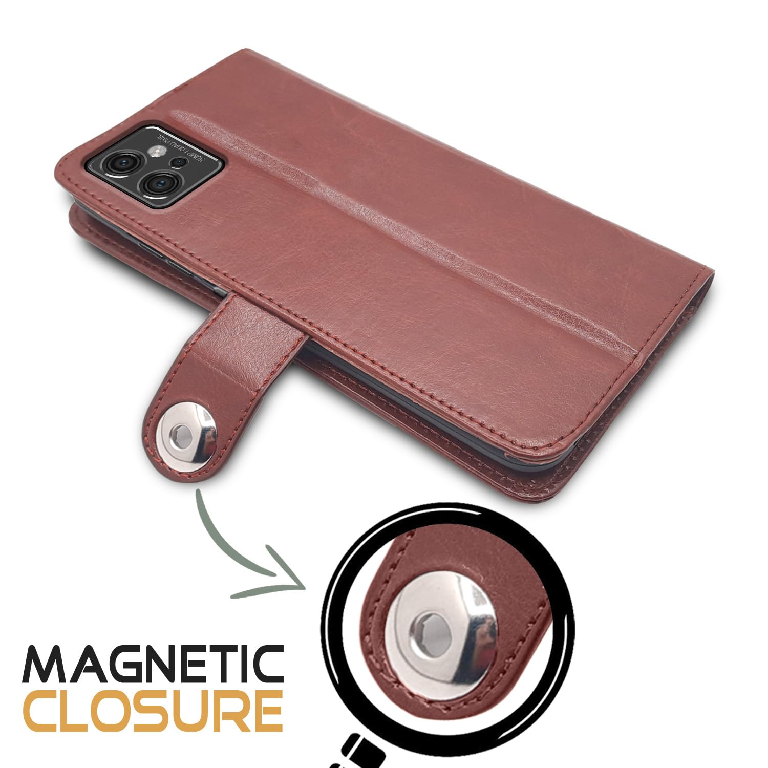 Pikkme Moto G32 Button Flip Cover (Brown)