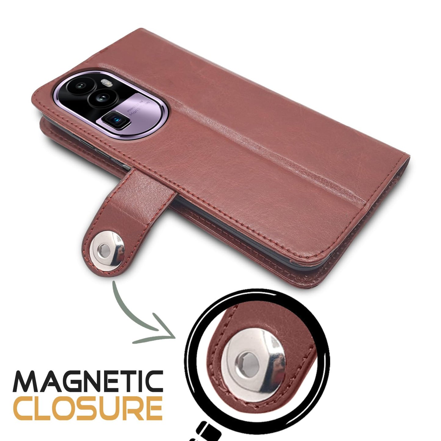 Pikkme Oppo Reno 10 Pro Plus 5G Button Flip Cover (Brown)