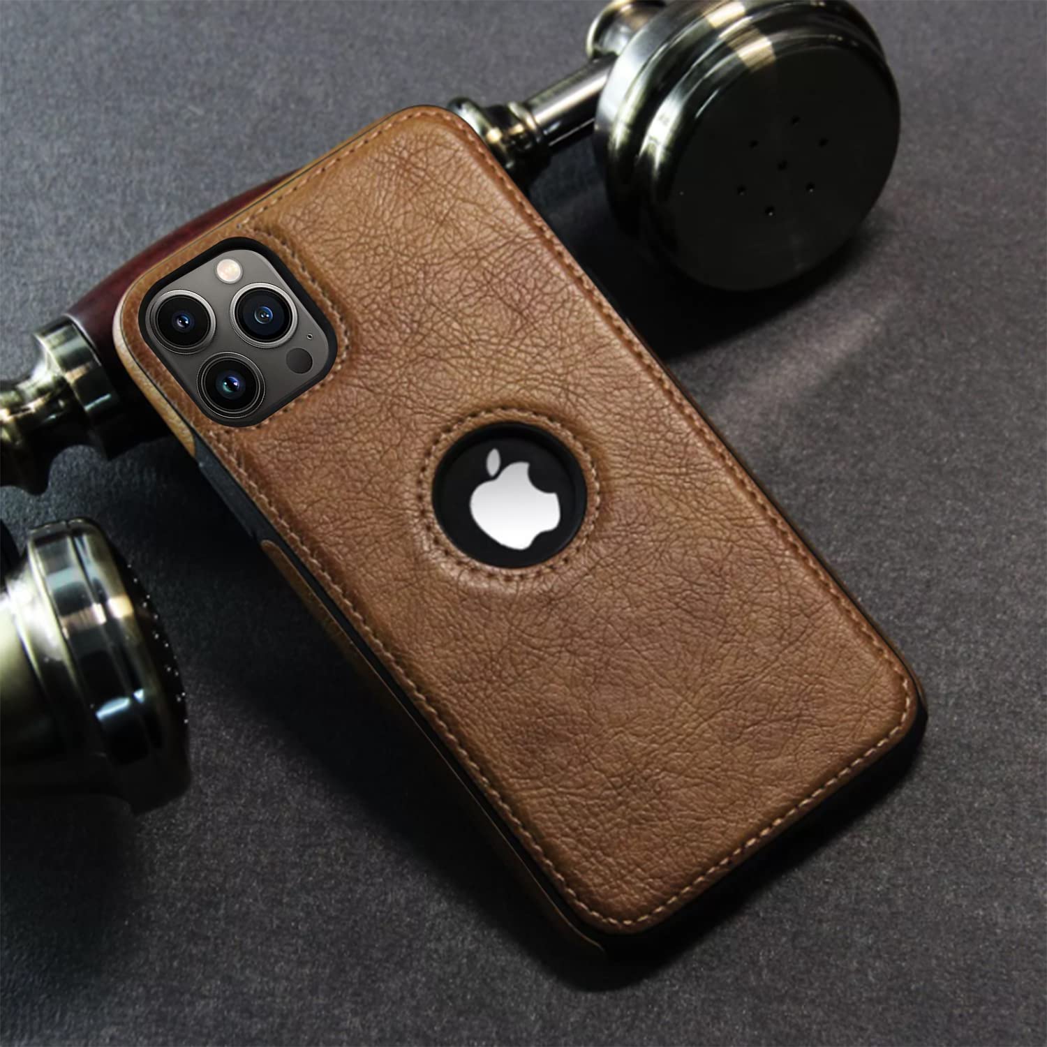 Pikkme iPhone 13 Pro Leather Back Case Brown