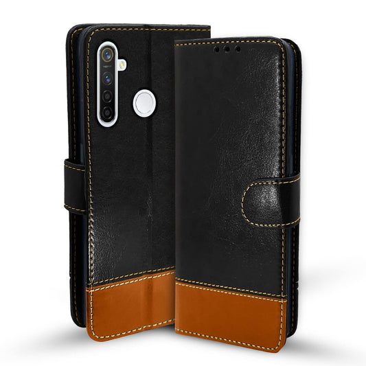 Pikkme Realme 5 Pro Constrast Flip Cover | Black & Brown