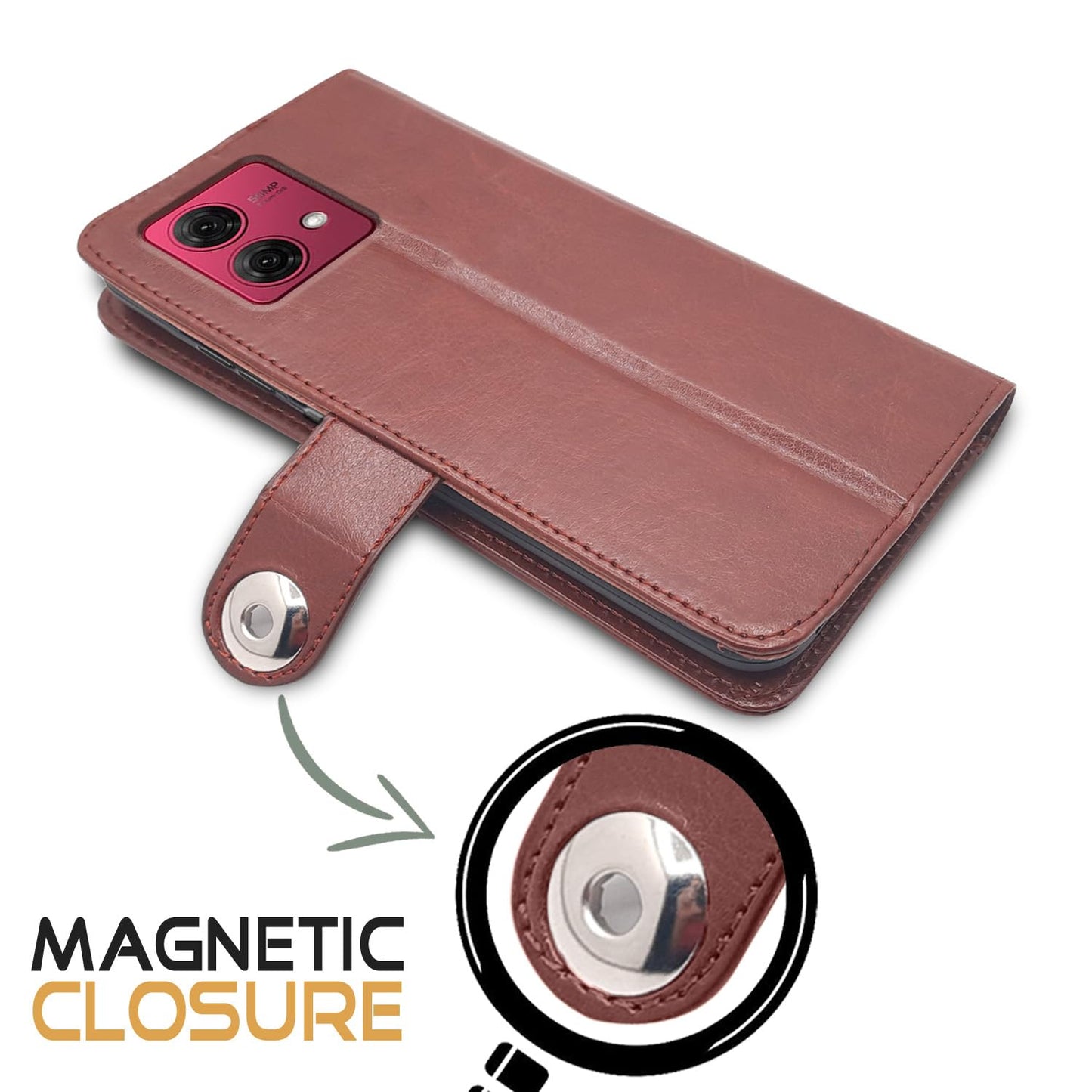 Pikkme Moto G84 5G Button Flip Cover (Brown)