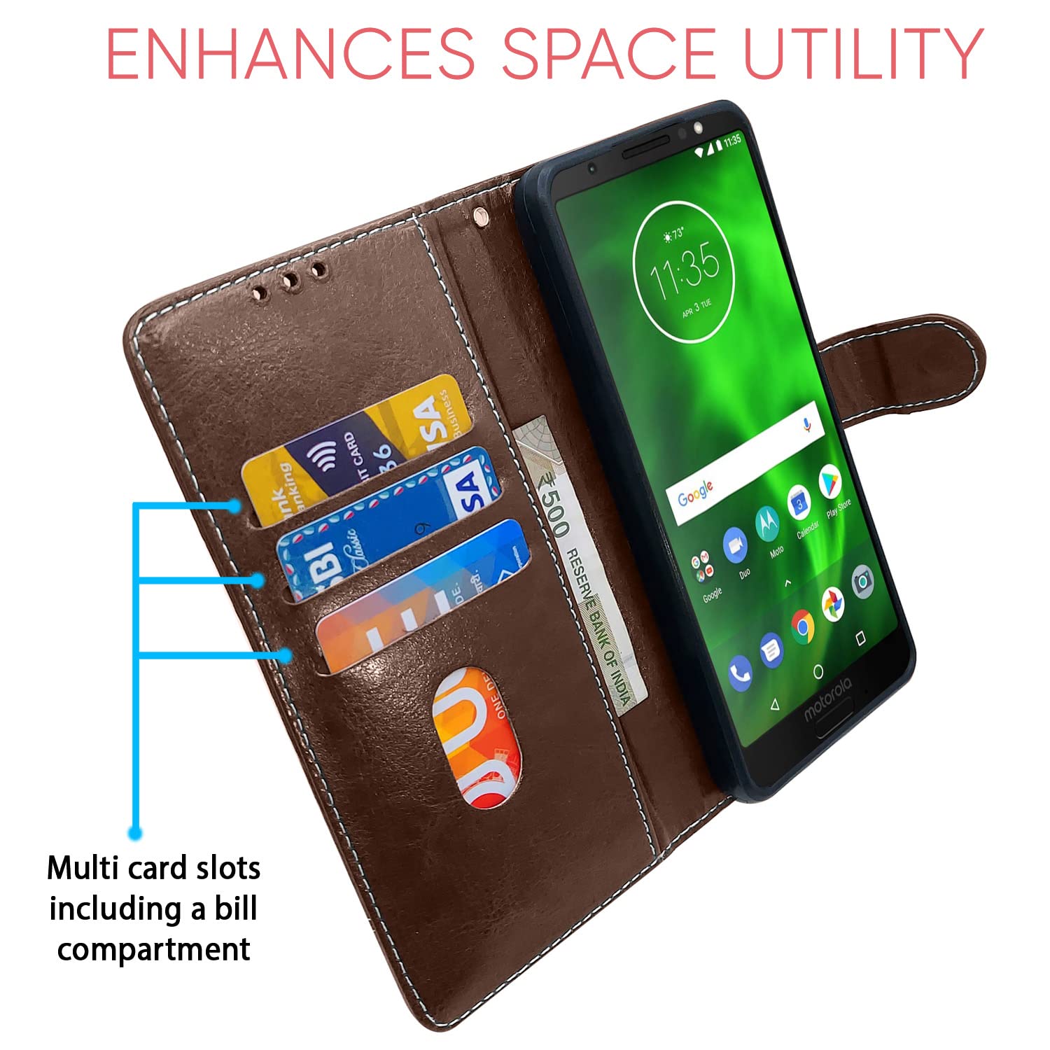 Pikkme Moto G6 Play Contrast Flip Cover (Brown)