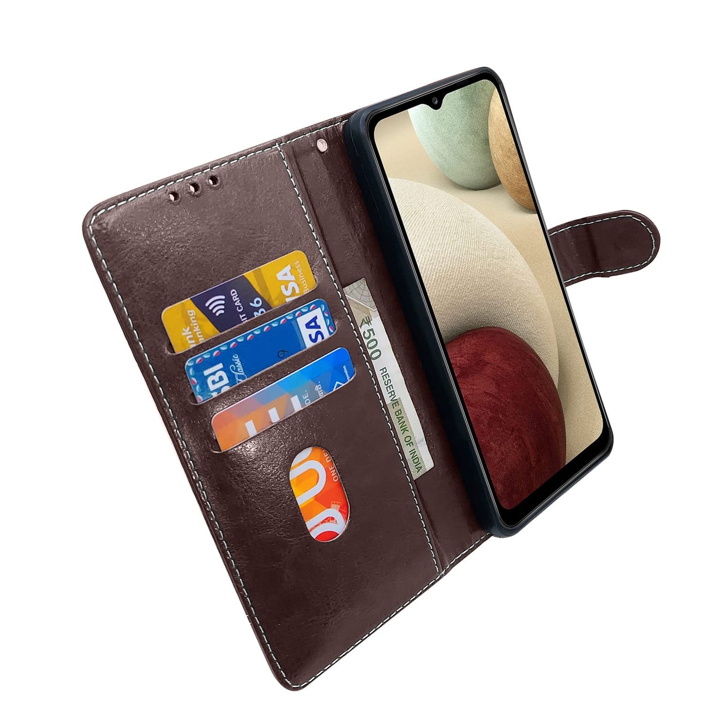 Pikkme Samsung Galaxy M12 / F12 / A12 Constrast Flip Cover | Coffee & Brown