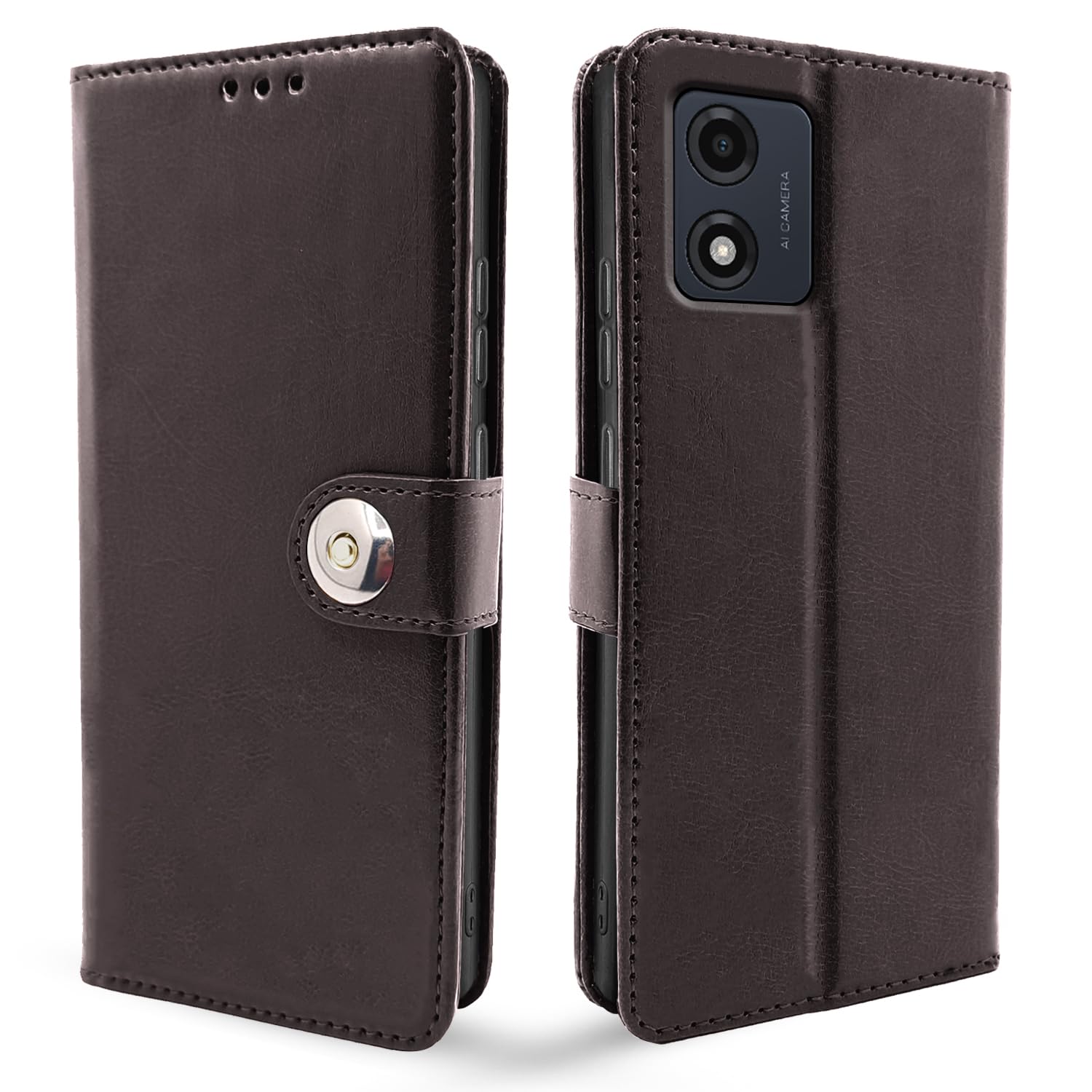 Pikkme Moto E13 Button Flip Cover (Coffee)