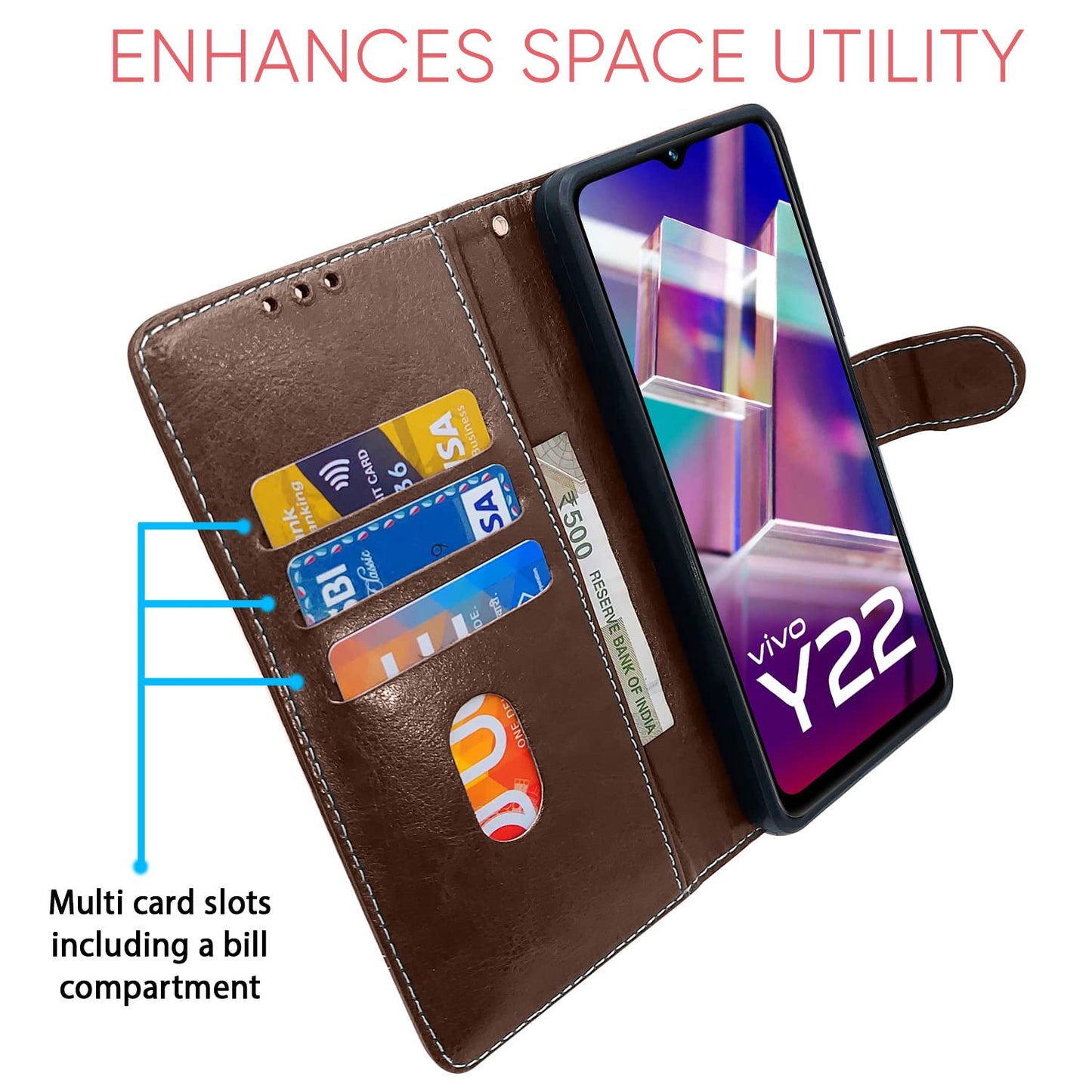 Pikkme Vivo Y22 Constrast Flip Cover | Brown & Coffee