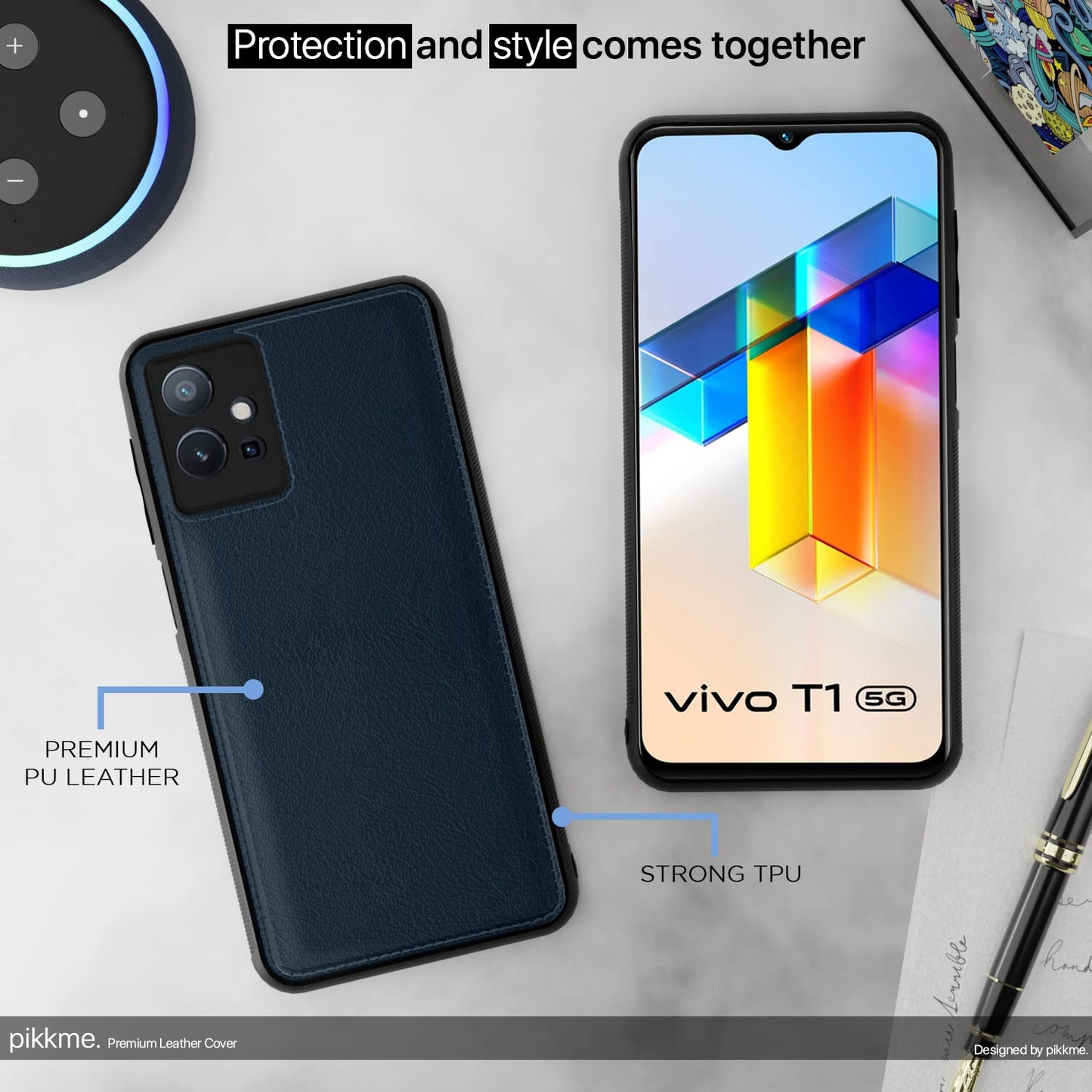 Pikkme Vivo T1 5G / Vivo Y75 5G / iQOO Z6 5G Leather Back Cover | Blue