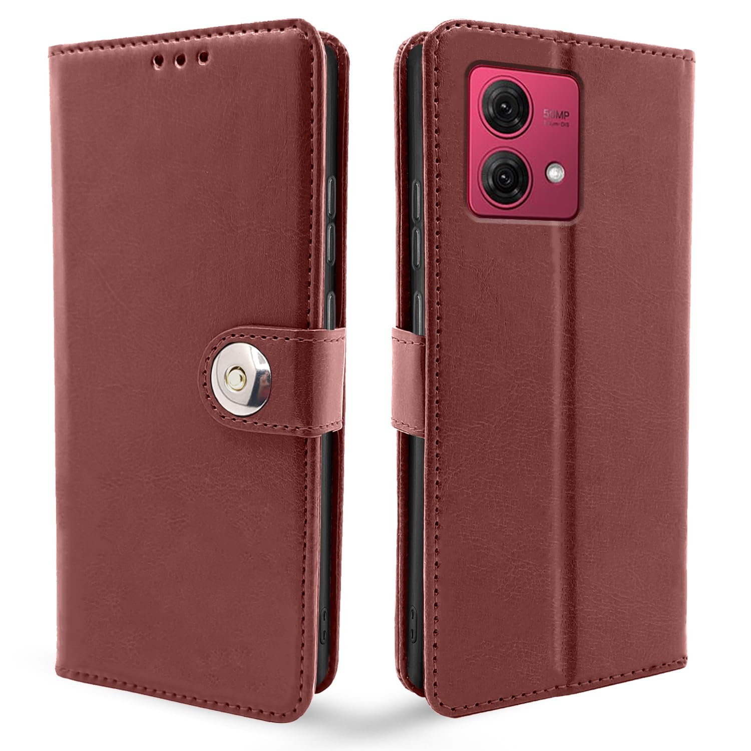 Pikkme Moto G84 5G Button Flip Cover (Brown)