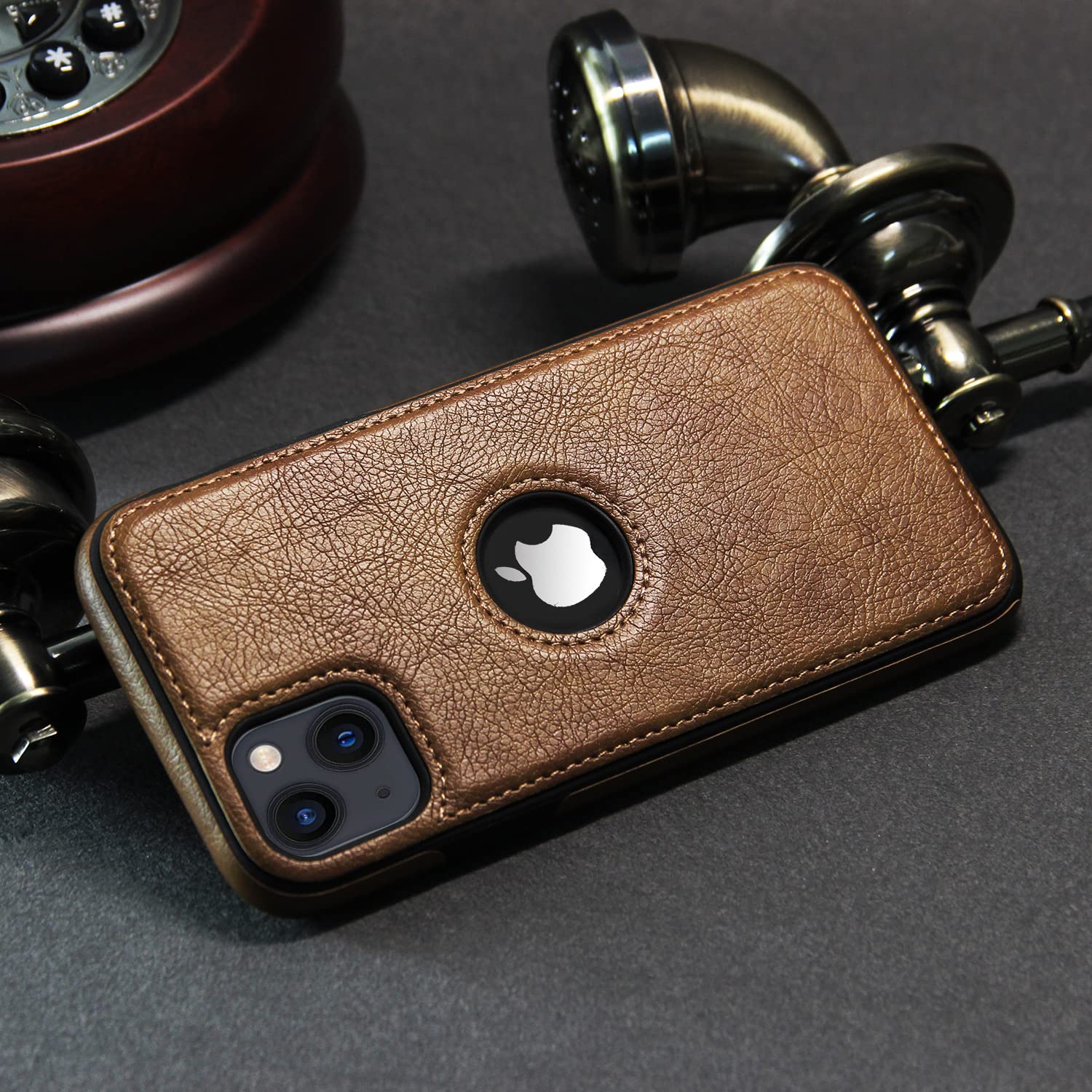 Pikkme iPhone 13 Leather Back Case Brown